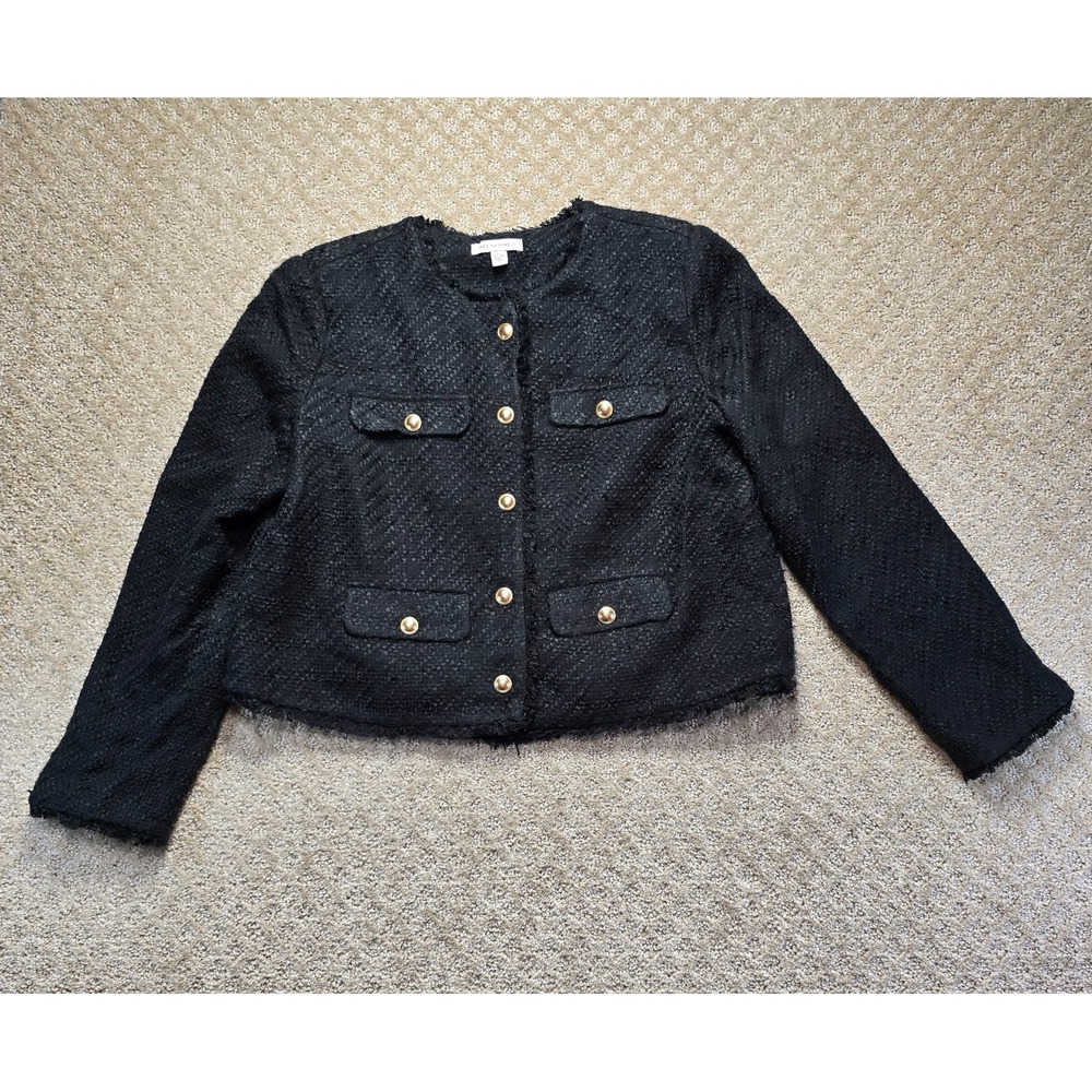 Free Assembly Women's Large Black Tweed Jacket Gold Buttons Frayed Trim Lined